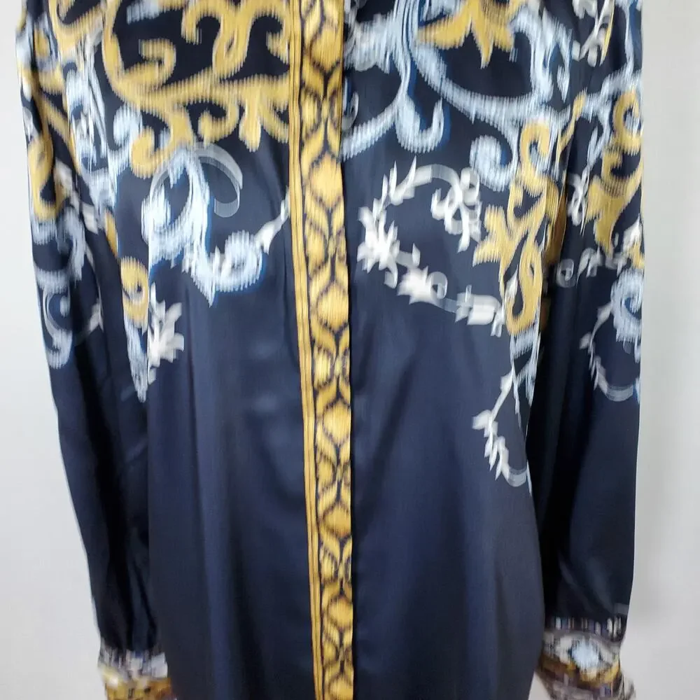Chico’s Sz 1 Ruched Cuff Placed Print Tunic Top Button Down Chicos Sz M / 8 - Picture 4 of 16
